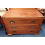 20TH CENTURY TEAK CAMPAIGN STYLE CHEST OF 3 DRAWERS WITH BRASS FIXTURES & BRASS HANDLES TO SIDES,