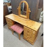 PINE DRESSING TABLE WITH SWING MIRROR & 8 DRAWERS WITH MATCH STOOL