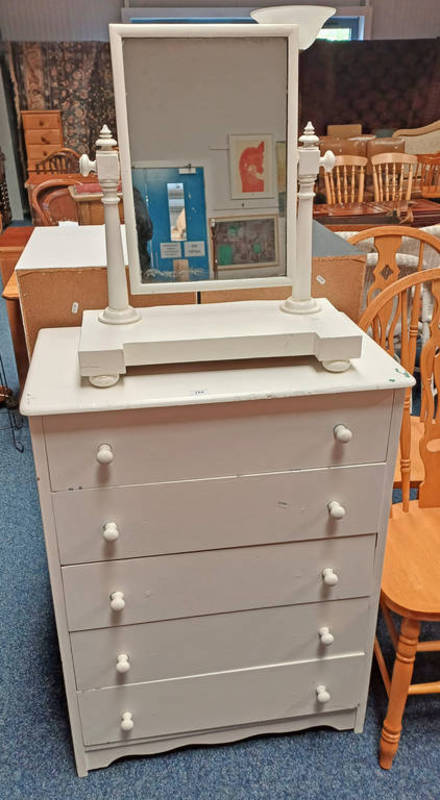 PAINTED CHEST OF 5 DRAWERS & PAINTED DRESSING TABLE MIRROR,