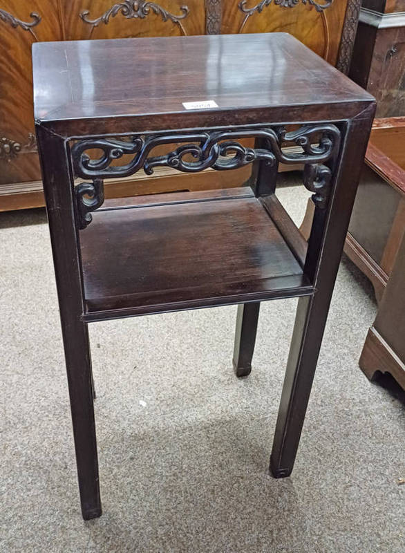 EASTERN HARDWOOD POT STAND WITH DECORATIVE FRET WORK & UNDERSHELF,