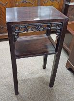 EASTERN HARDWOOD POT STAND WITH DECORATIVE FRET WORK & UNDERSHELF,