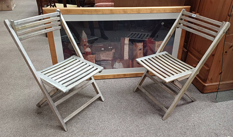 2 TEAK FOLDING GARDEN CHAIRS LABELLED ALEXANDER ROSE & LARGE GILT FRAMED PRINT