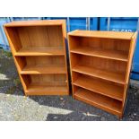 2 TEAK OPEN BOOKCASES WITH ADJUSTABLE SHELVES,