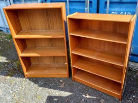 2 TEAK OPEN BOOKCASES WITH ADJUSTABLE SHELVES,