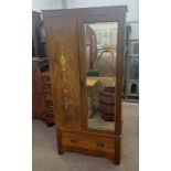 EARLY 20TH CENTURY INLAID MAHOGANY SINGLE MIRROR DOOR WARDROBE WITH SINGLE DRAWER TO BASE.