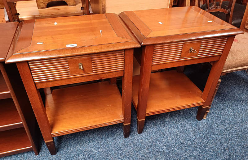 PAIR OF HARDWOOD SINGLE DRAWER BEDSIDE TABLES LABELLED BRIGITTE FORESTIER TO BACK ON SQUARE TAPERED