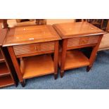 PAIR OF HARDWOOD SINGLE DRAWER BEDSIDE TABLES LABELLED BRIGITTE FORESTIER TO BACK ON SQUARE TAPERED