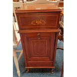 EARLY 20TH CENTURY INLAID MAHOGANY SEWING CABINET WITH LIFT-UP LID TOP OVER FALL FRONT PANEL DOOR