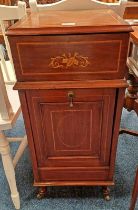 EARLY 20TH CENTURY INLAID MAHOGANY SEWING CABINET WITH LIFT-UP LID TOP OVER FALL FRONT PANEL DOOR