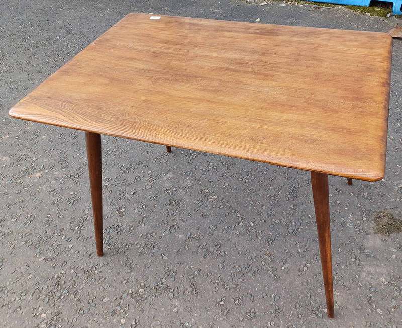 ERCOL ELM RECTANGULAR COFFEE TABLE ON TAPERED SUPPORTS,