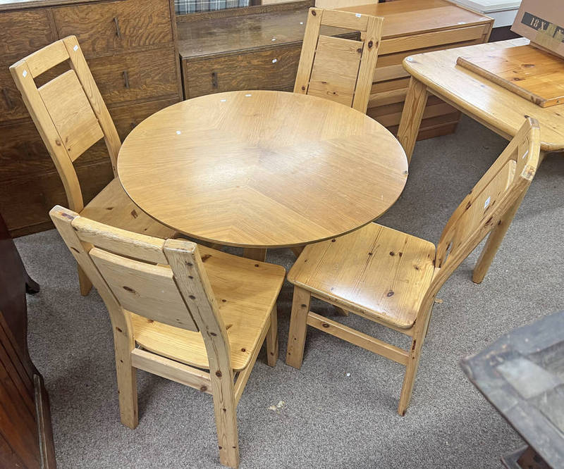 SET OF 4 PINE DINING CHAIRS LABELLED LAUKAAN PUU FINLAND TO UNDERSIDE & CIRCULAR KITCHEN TABLE