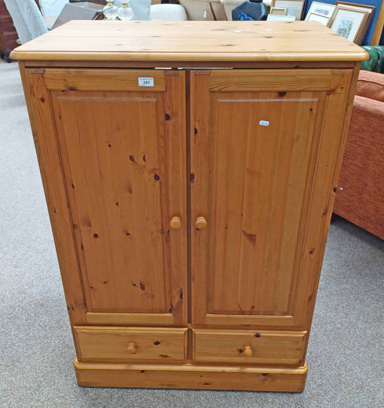 PINE CABINET WITH 2 PANEL DOORS OVER 2 DRAWERS,