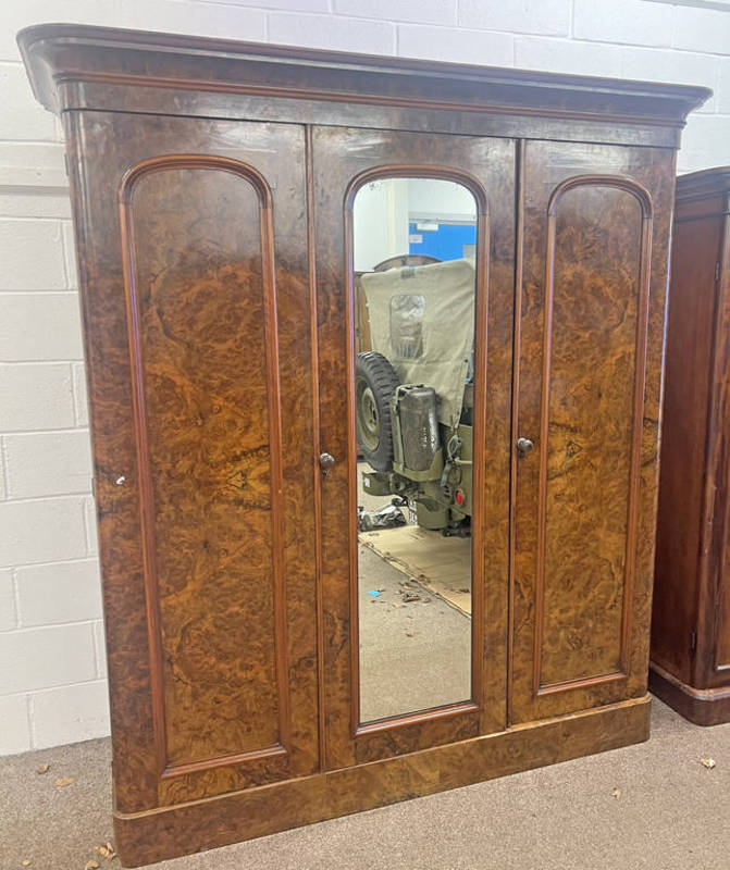 19TH CENTURY WALNUT WARDROBE WITH MIRROR DOOR & PANEL DOOR ON PLINTH BASE.