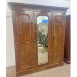 19TH CENTURY WALNUT WARDROBE WITH MIRROR DOOR & PANEL DOOR ON PLINTH BASE.