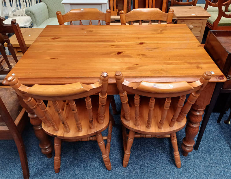 PINE RECTANGULAR KITCHEN TABLE ON TURNED SUPPORTS & SET OF 4 PINE CHAIRS,
