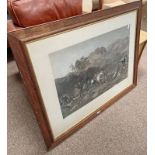 OAK FRAMED COLOURED ENGRAVING 'CROSSING A HIGHLAND LOCH',