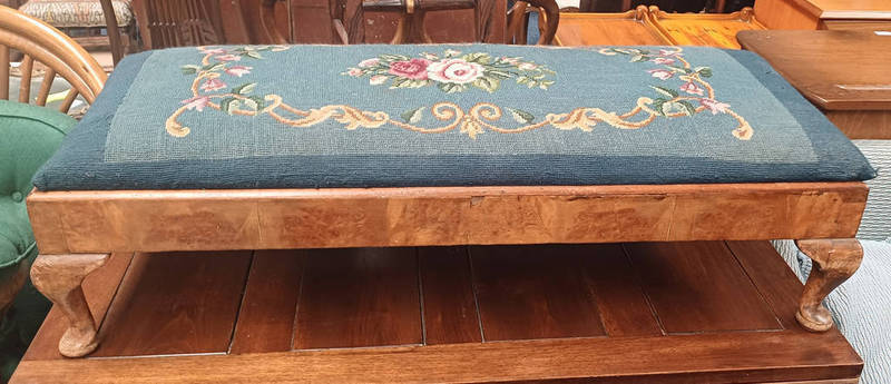 WALNUT RECTANGULAR FOOTSTOOL WITH FLORAL TAPESTRY TOP ON SHORT QUEEN ANNE SUPPORTS