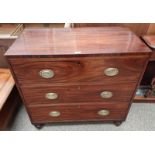 19TH CENTURY MAHOGANY 3 DRAWER CHEST OF DRAWERS ON TURNED SUPPORTS 89 CM TALL X 92 CM WIDE