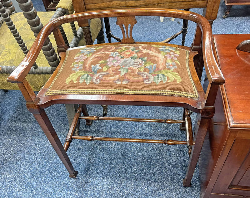 LATE 19TH CENTURY MAHOGANY PIANO STOOL WITH SHAPED BACK & FLORAL TAPESTRY SEAT