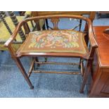 LATE 19TH CENTURY MAHOGANY PIANO STOOL WITH SHAPED BACK & FLORAL TAPESTRY SEAT