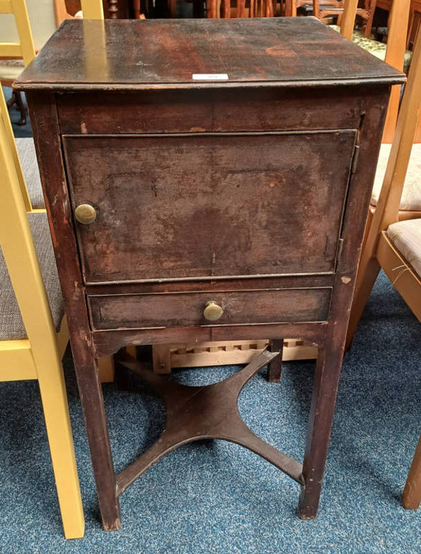 19TH CENTURY MAHOGANY BEDSIDE CABINET WITH PANEL DOOR OVER SINGLE DRAWER ON SQUARE SUPPORTS,