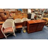 LATE 20TH CENTURY MAHOGANY SIDEBOARD, STAG HEADBOARD, 4 PAINTED WICKER CHAIRS,