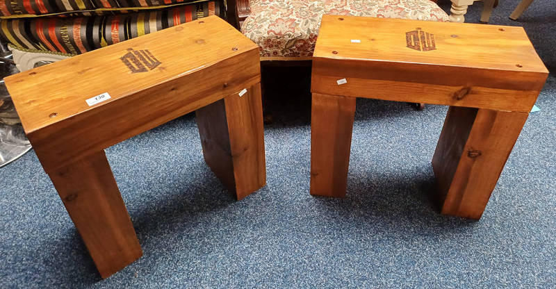 PAIR OF RUSTIC PINE STOOLS WITH DOCTOR WHO DECORATION TO TOP