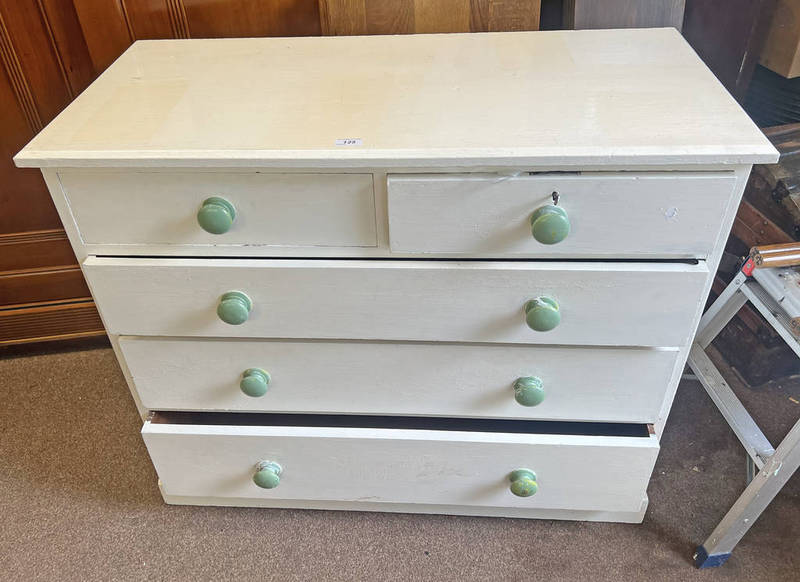 PAINTED PINE CHEST OF 2 SHORT OVER 3 LONG GRADUATED DRAWERS ON PLINTH BASE,