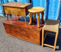 TEAK SEWING BOX WITH LIFT-TOP ON TAPERED SUPPORTS, SAMPLE OF HARDWOODS CIRCULAR STOOL,
