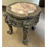 ORIENTAL HARDWOOD PLANT STAND WITH PINK MARBLE INSET TOP & CARVED DECORATION ON BALL & CLAW