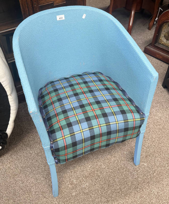 PAINTED LLOYD LOOM STYLE BASKET WEAVE CHAIR WITH TARTAN CUSHION