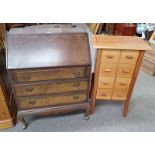 WALNUT BUREAU WITH FALL FRONT OVER 3 LONG DRAWERS & HARDWOOD CHEST OF 8 DRAWERS