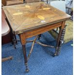 19TH CENTURY INLAID ROSEWOOD ENVELOPE CARD TABLE ON REEDED SUPPORTS WITH X - UNDERSTRETCHER