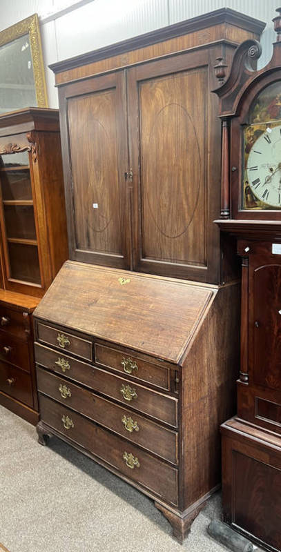 19TH CENTURY MAHOGANY BUREAU BOOKCASE WITH 2 PANEL DOORS WITH INLAID DECORATION OVER BASE WITH FALL