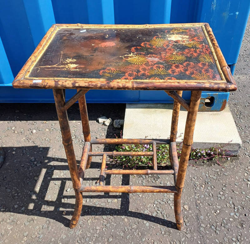 BAMBOO OCCASIONAL TABLE WITH ORIENTAL PAINTED DECORATION TO TOP.