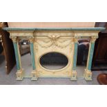 OVERMANTLE MIRROR WITH PAINTED FRAMED WITH CHERUB & CORINTHIAN COLUMN DECORATION.