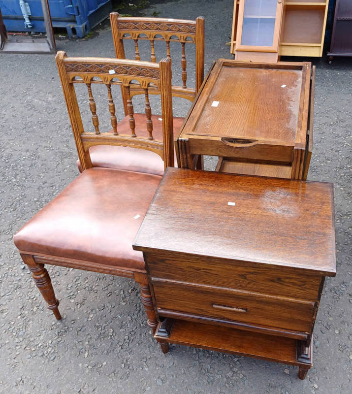 20TH CENTURY OAK SEWING BOX WITH LIFT LID TOP OVER SINGLE DRAWER, PAIR OF OAK HAND CHAIRS ETC.