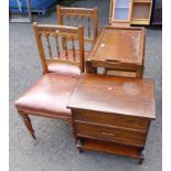 20TH CENTURY OAK SEWING BOX WITH LIFT LID TOP OVER SINGLE DRAWER, PAIR OF OAK HAND CHAIRS ETC.