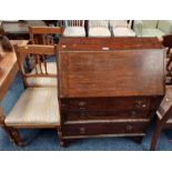 OAK BUREAU WITH FALL FRONT OVER 3 DRAWERS & PAIR OF HAND CHAIRS