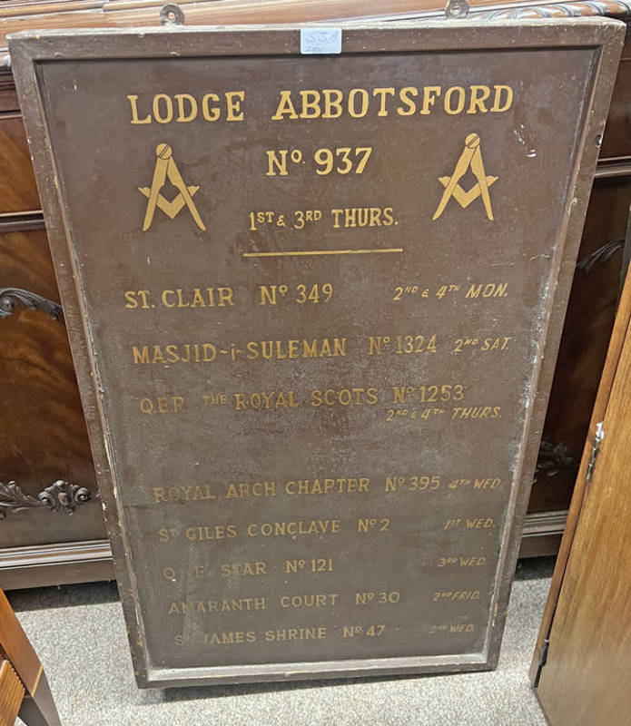 PAINTED MEETING NOTICE BOARD FOR THE MASONIC LODGE ABBOTSFORD NO.