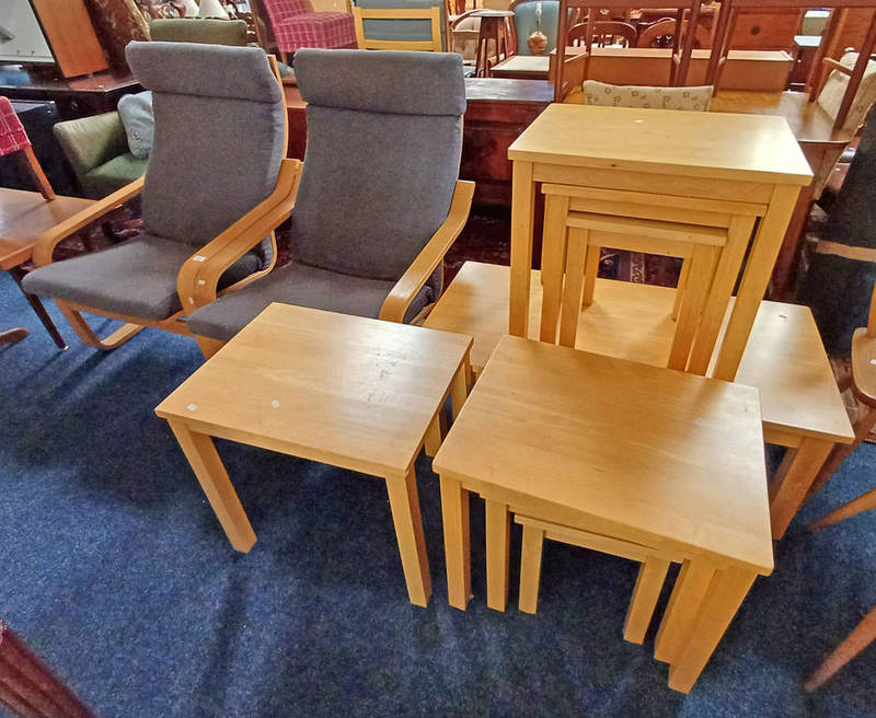 PAIR OF OAK FRAMED CANTILEVER ARMCHAIRS NEST OF 3 BEECH TABLES ETC.