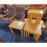 PAIR OF OAK FRAMED CANTILEVER ARMCHAIRS NEST OF 3 BEECH TABLES ETC.