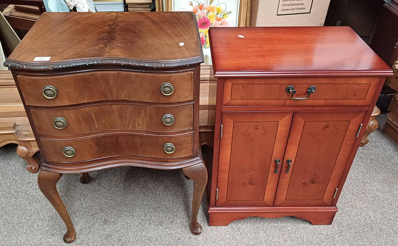20TH CENTURY WALNUT CHEST OF 3 DRAWERS WITH SHAPED FRONT ON QUEEN ANNE SUPPORTS & YEW CABINET WITH
