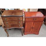 20TH CENTURY WALNUT CHEST OF 3 DRAWERS WITH SHAPED FRONT ON QUEEN ANNE SUPPORTS & YEW CABINET WITH