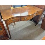 20TH CENTURY INLAID MAHOGANY SIDE TABLE WITH SERPENTINE TOP & 3 DRAWERS ON SQUARE TAPERED SUPPORTS,