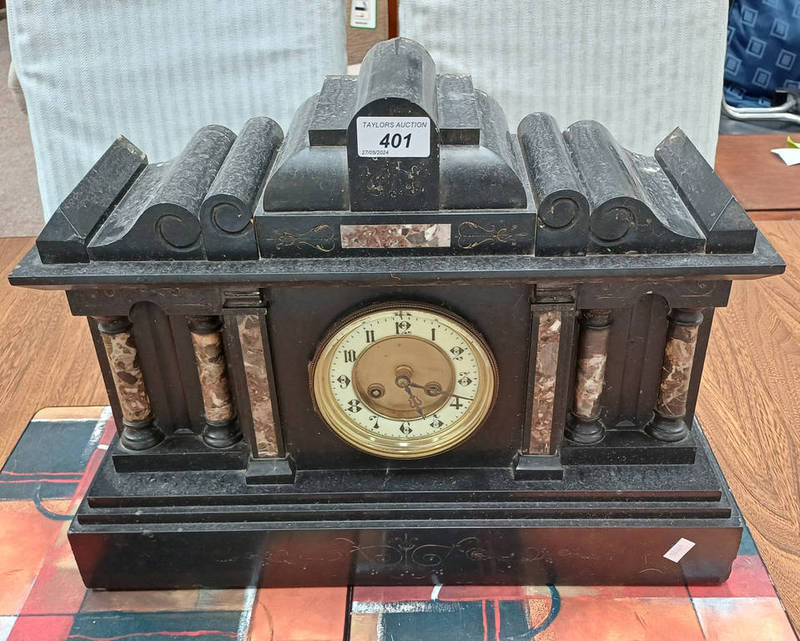 20TH CENTURY BLACK SLATE MANTLE CLOCK WITH DECORATIVE MARBLE INSETS & BRASS & ENAMEL DIAL