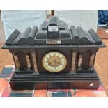 20TH CENTURY BLACK SLATE MANTLE CLOCK WITH DECORATIVE MARBLE INSETS & BRASS & ENAMEL DIAL