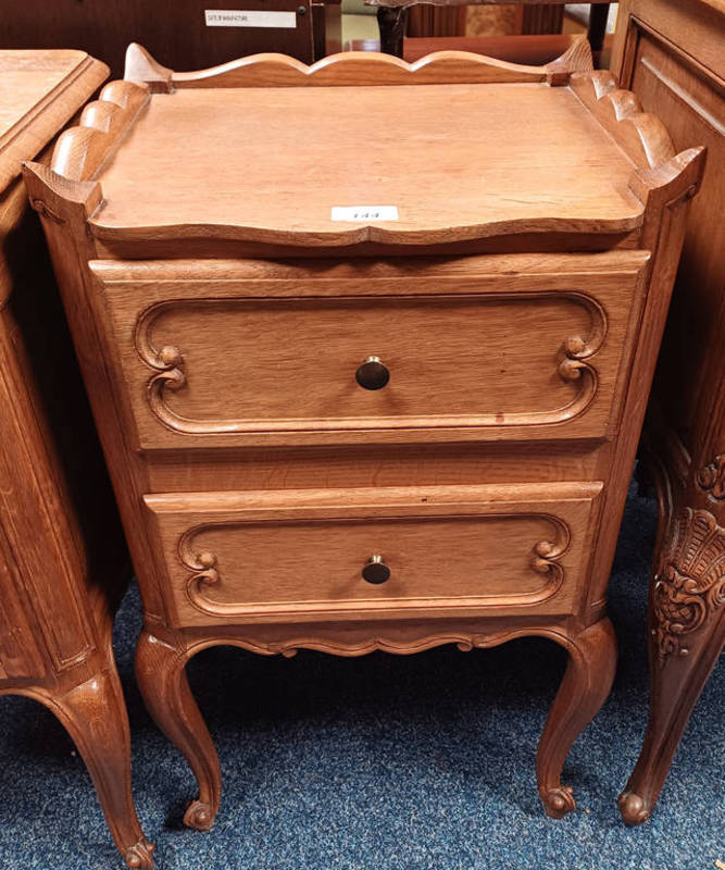 CONTINENTAL OAK BEDSIDE CHEST WITH 3/4 GALLERY TOP & 2 DRAWERS WITH DECORATIVE ORMOLU HANDLES ON
