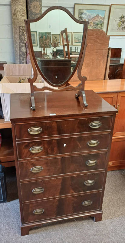 MAHOGANY CHEST OF 5 GRADUATED DRAWERS ON BRACKET SUPPORTS & DRESSING TABLE MIRROR
