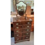MAHOGANY CHEST OF 5 GRADUATED DRAWERS ON BRACKET SUPPORTS & DRESSING TABLE MIRROR